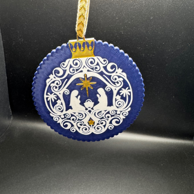Blue Ornament with Nativity Scene